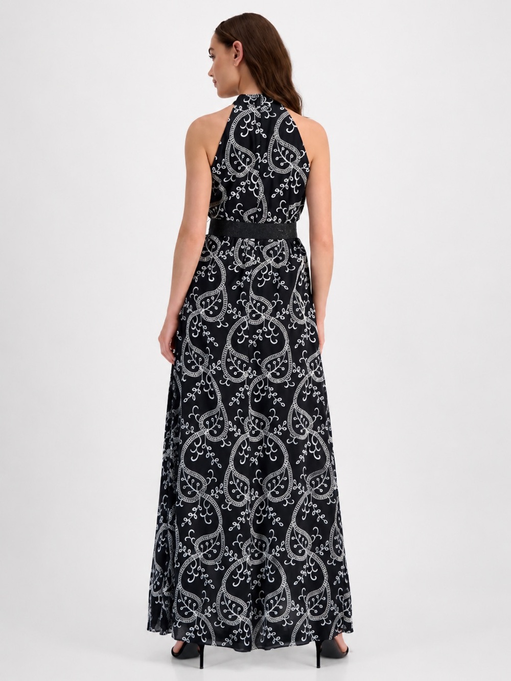 NWT Anne Klein Embroidered Halter Maxi Dress Belted Black Ivory Size 16 - Picture 3 of 11